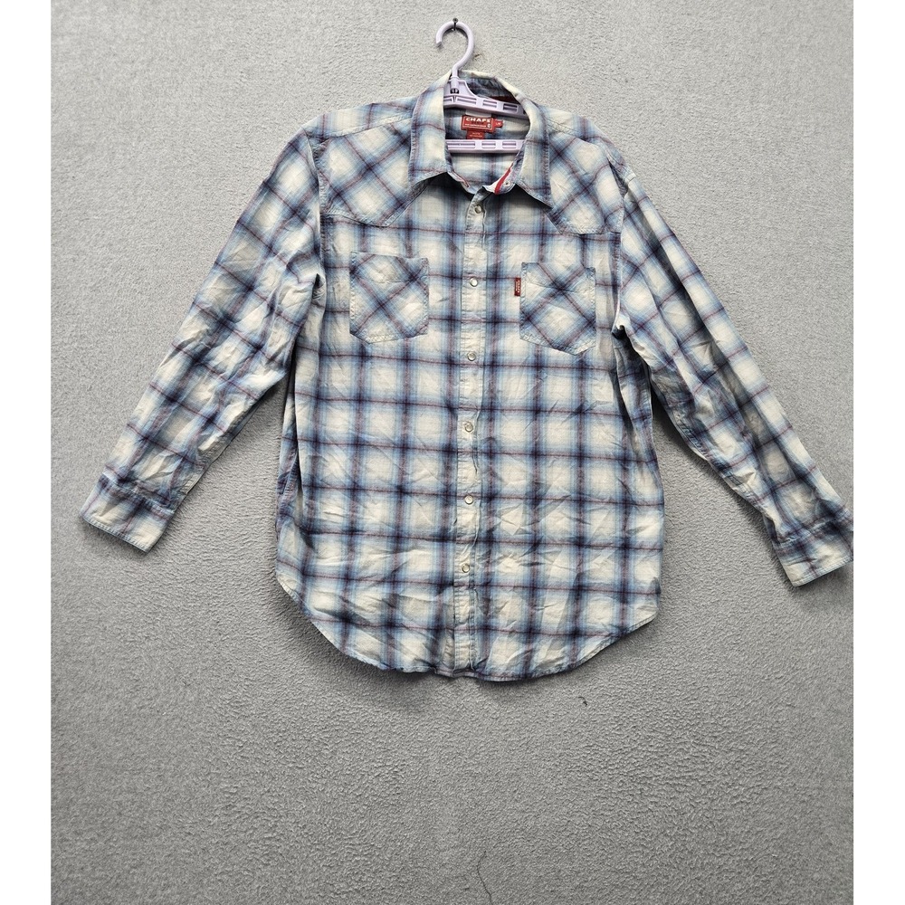 Chaps Denim Men Button Up Shirt L Blue Plaid Western Pearl Snap Logo Long Sleeve